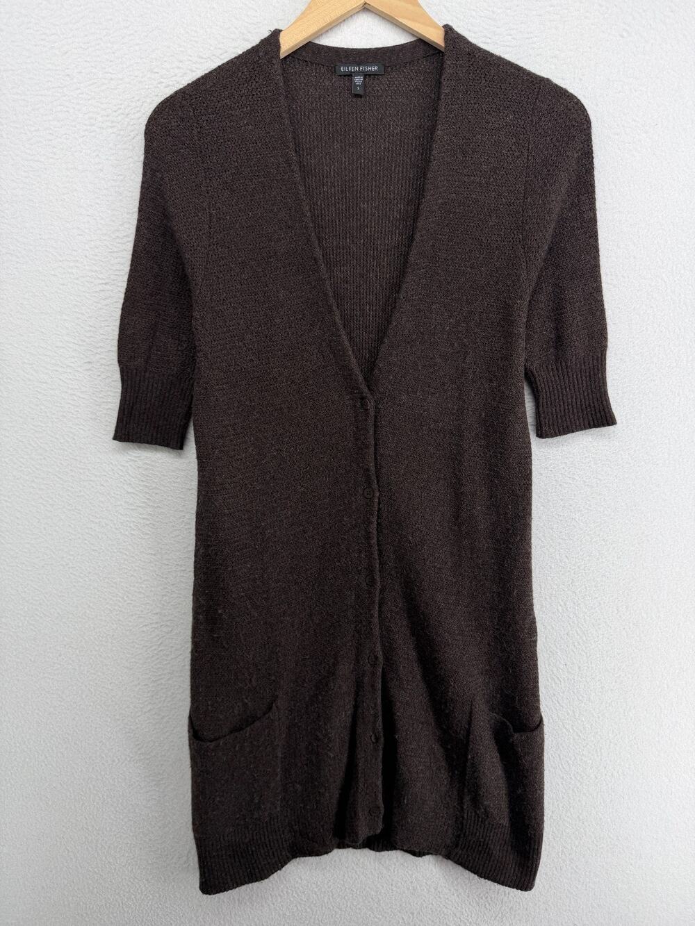 EILEEN FISHER Cardigan S Wool Cashmere Duster Button Front Elbow Sleeve Brown